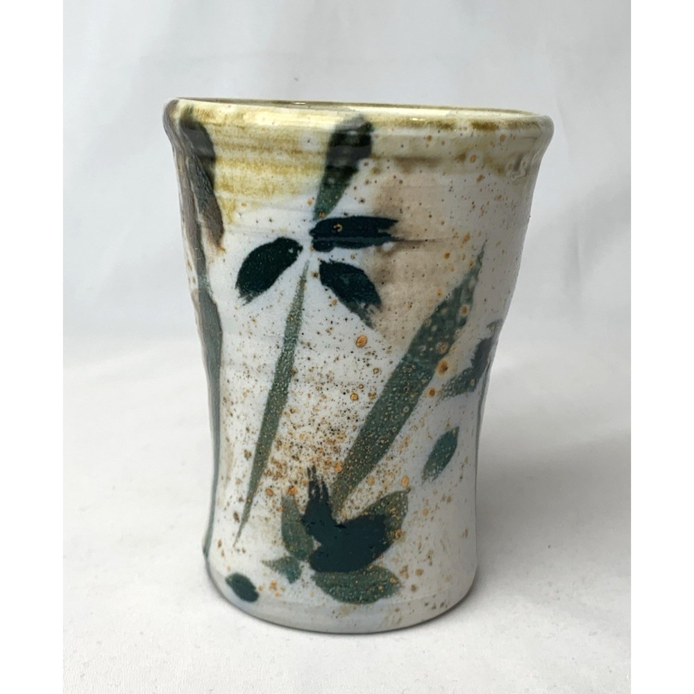 Studio Art Pottery Tumbler Vase Green Trees Leaves Nature Signed 4.75 inches